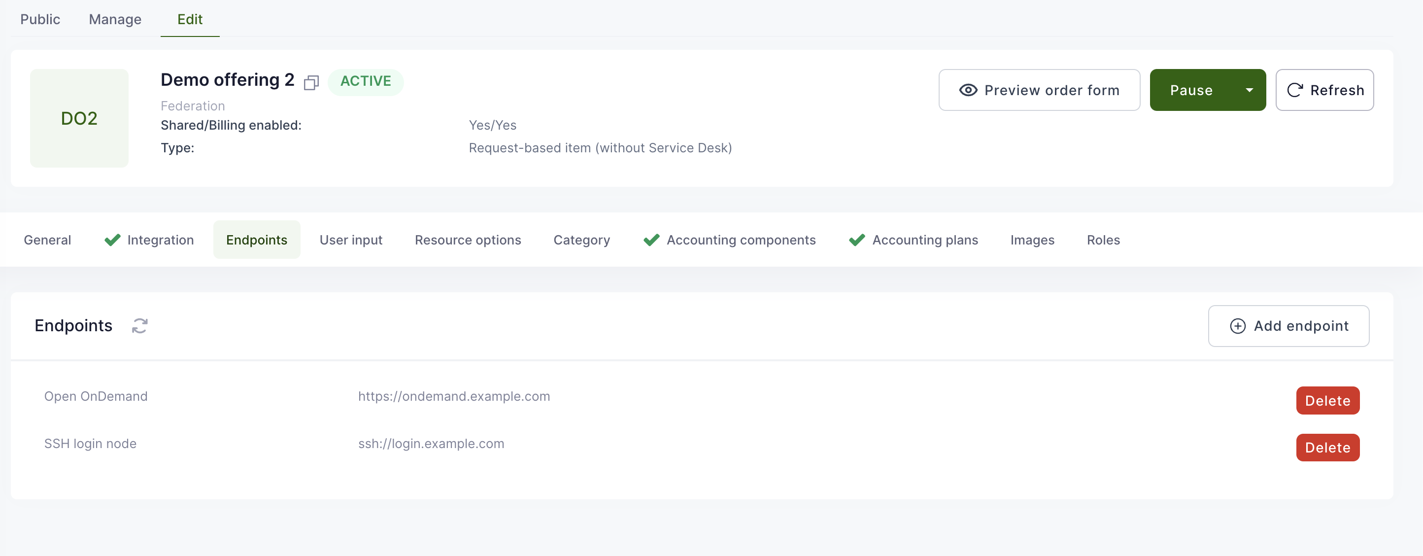 Offering endpoints
