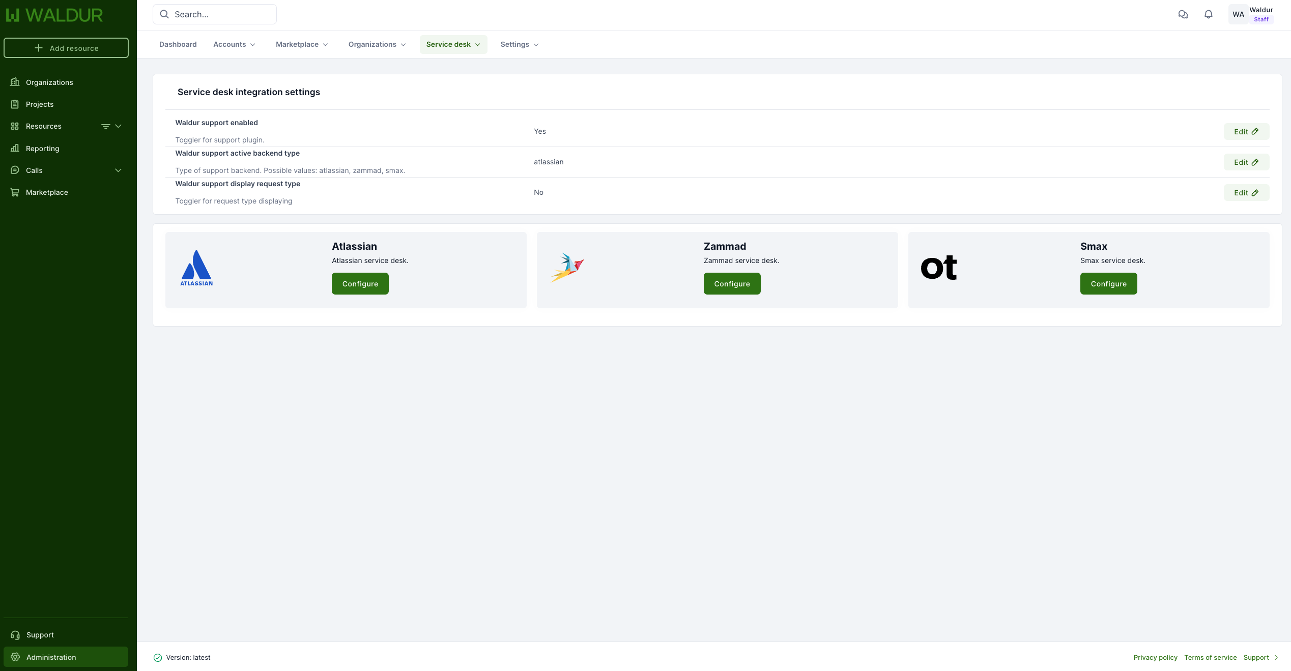 Service desk configuration