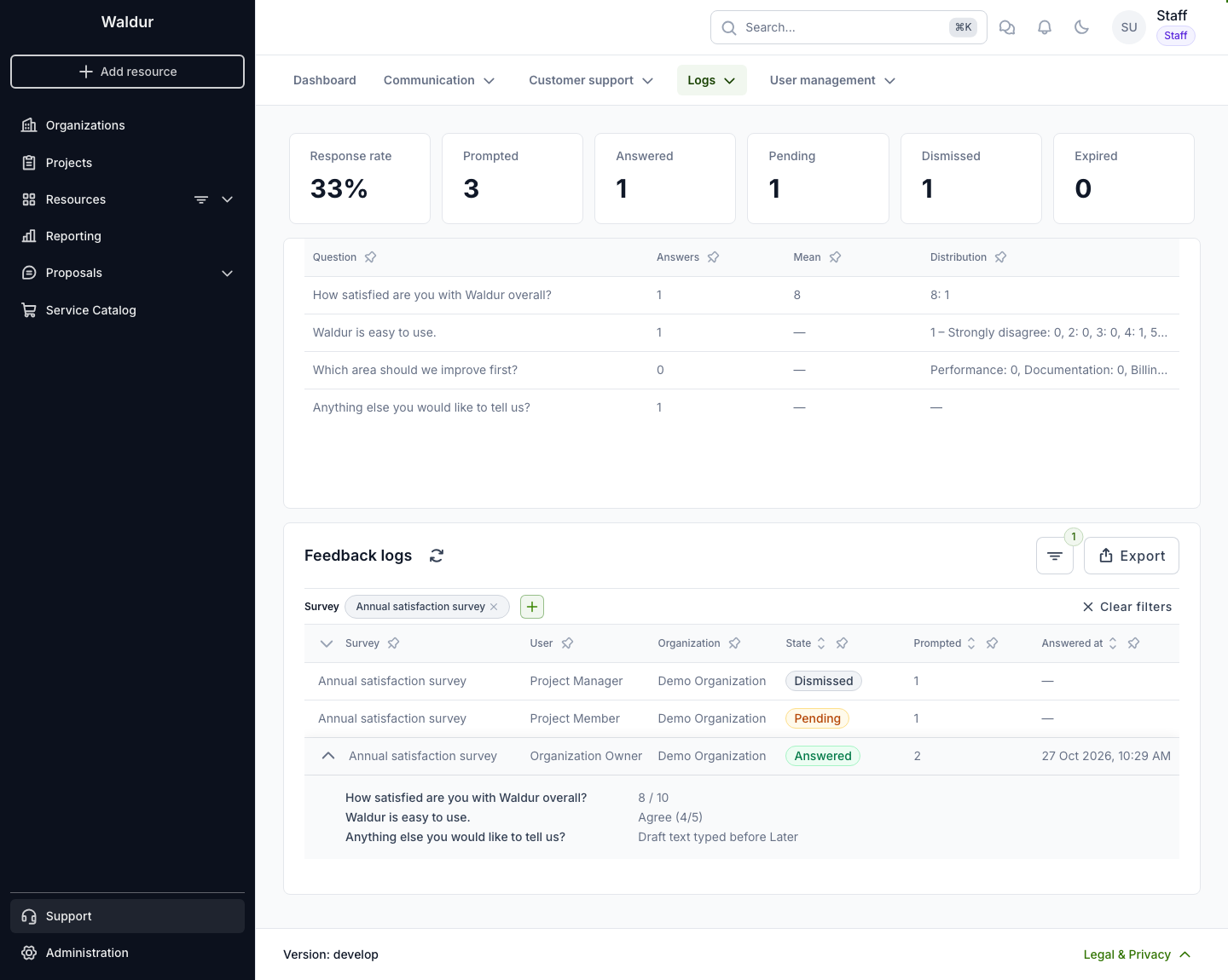 Feedback logs filtered to one survey