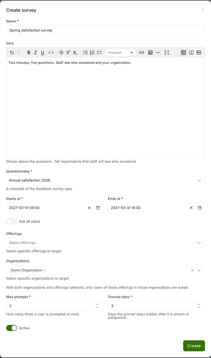 Create survey dialog