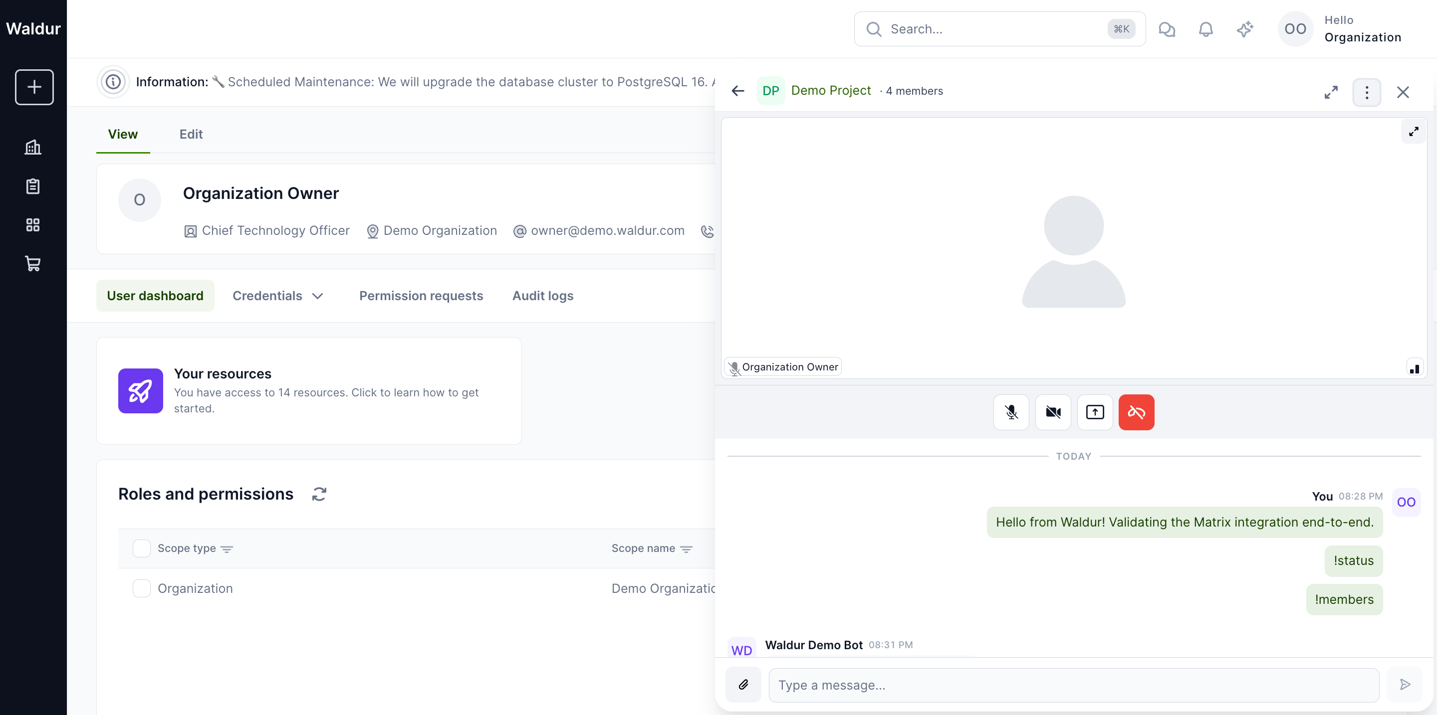 Active LiveKit call inside the chat drawer