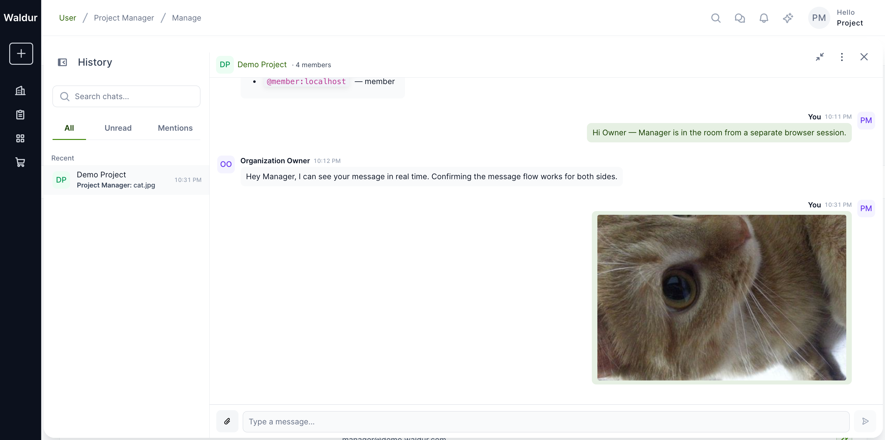 Cat picture uploaded — full-screen view of the sender