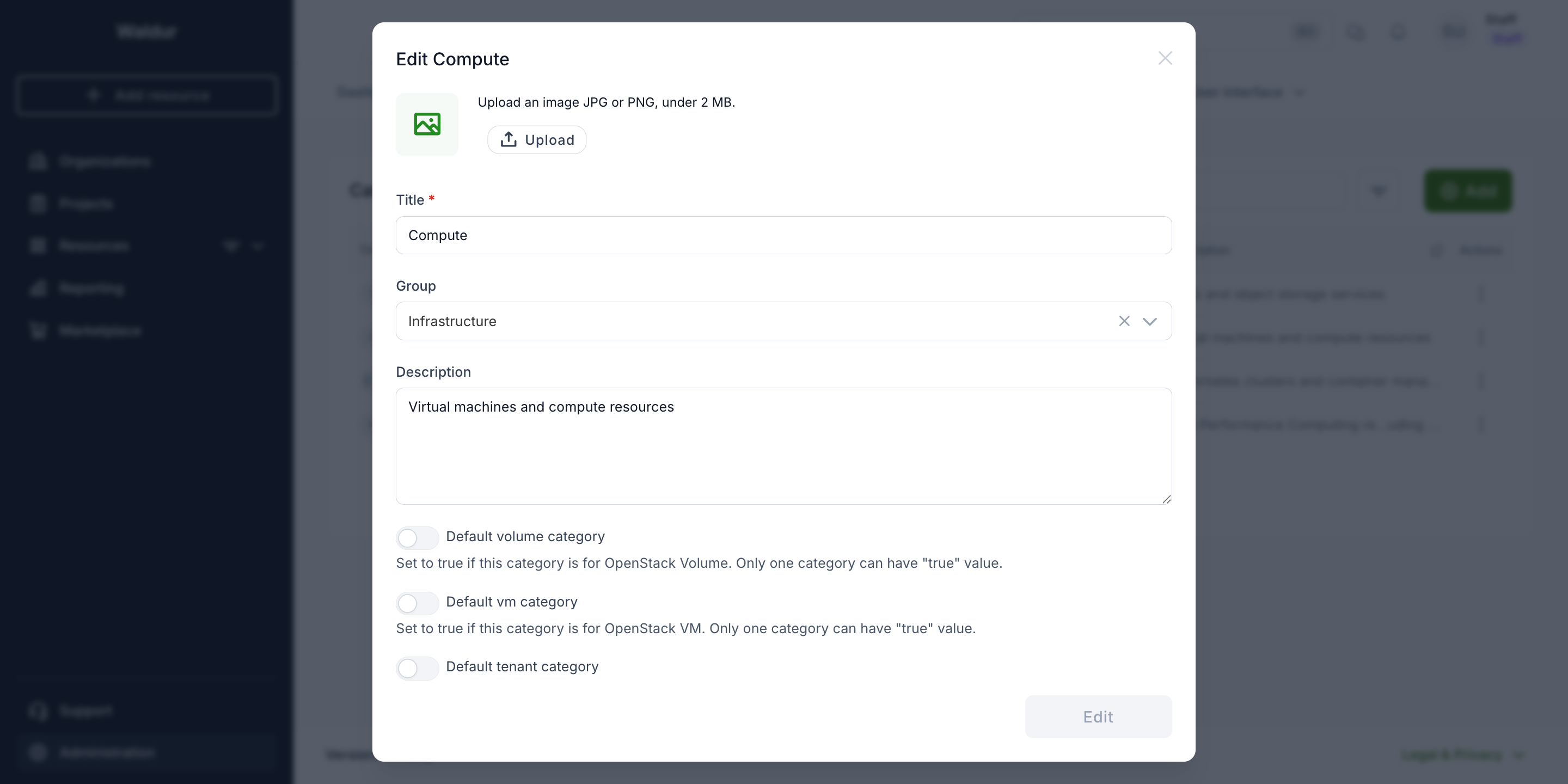 Default category flags in the category edit dialog