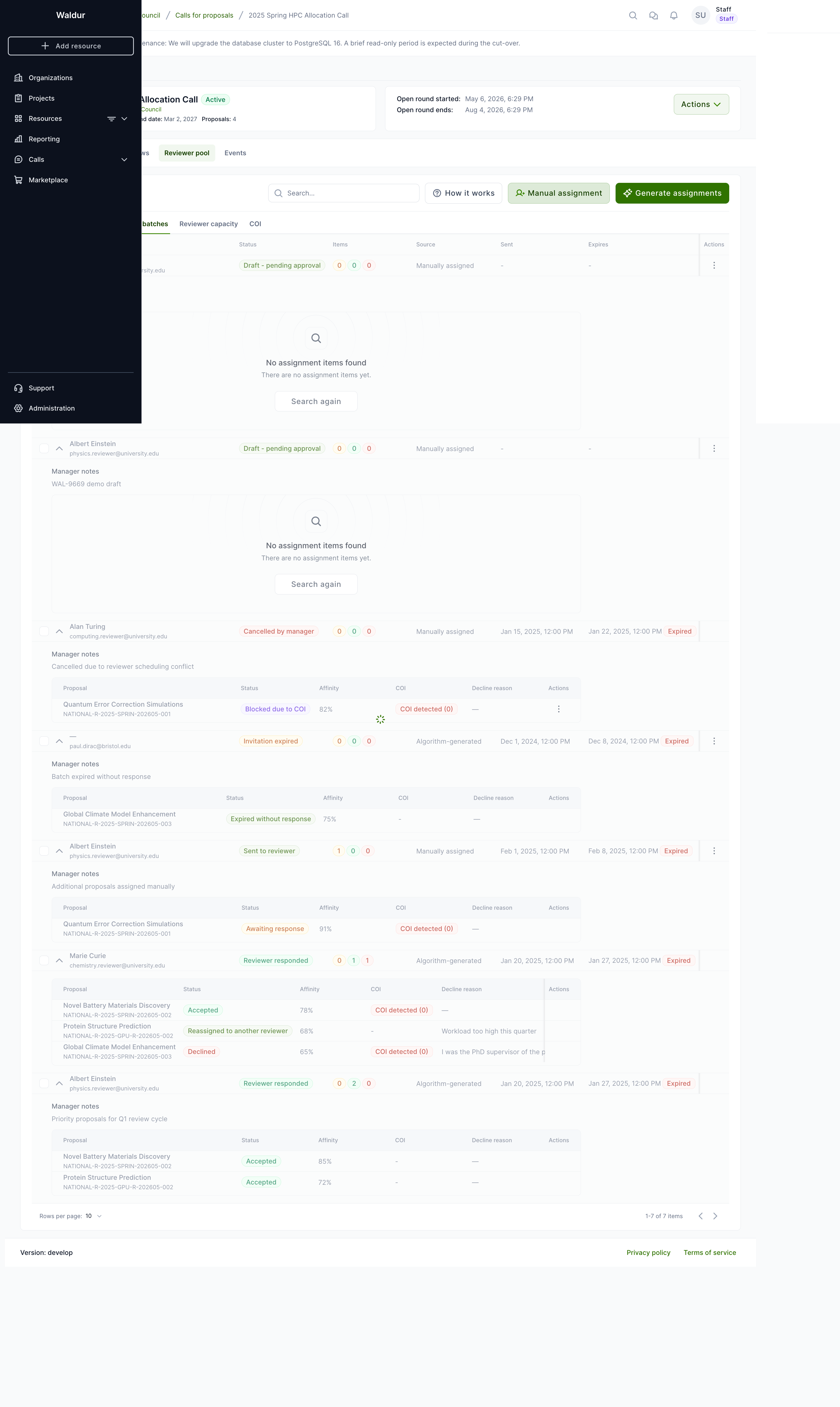 Expanded batch showing manager notes and items