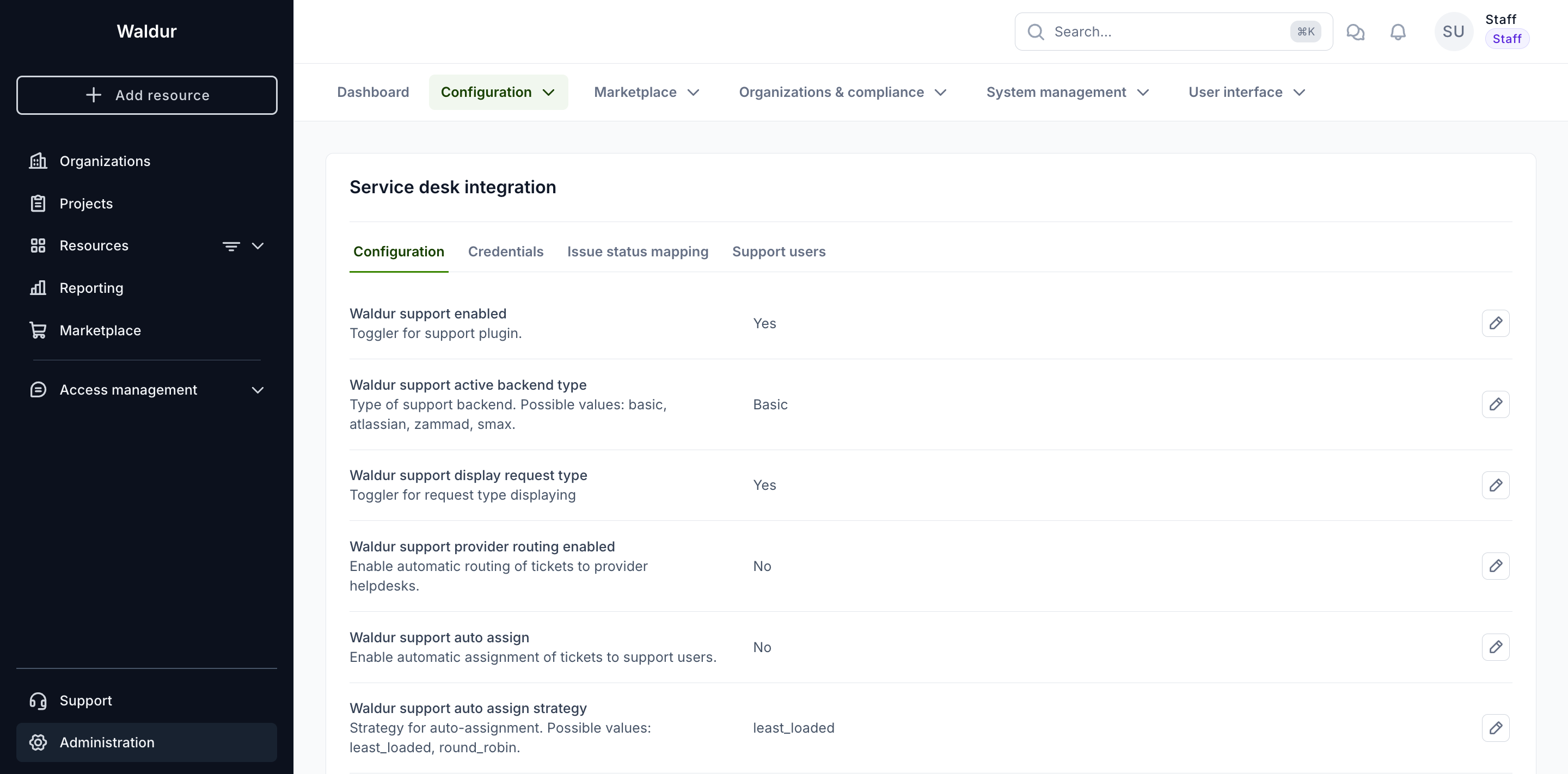 Built-in service desk configuration