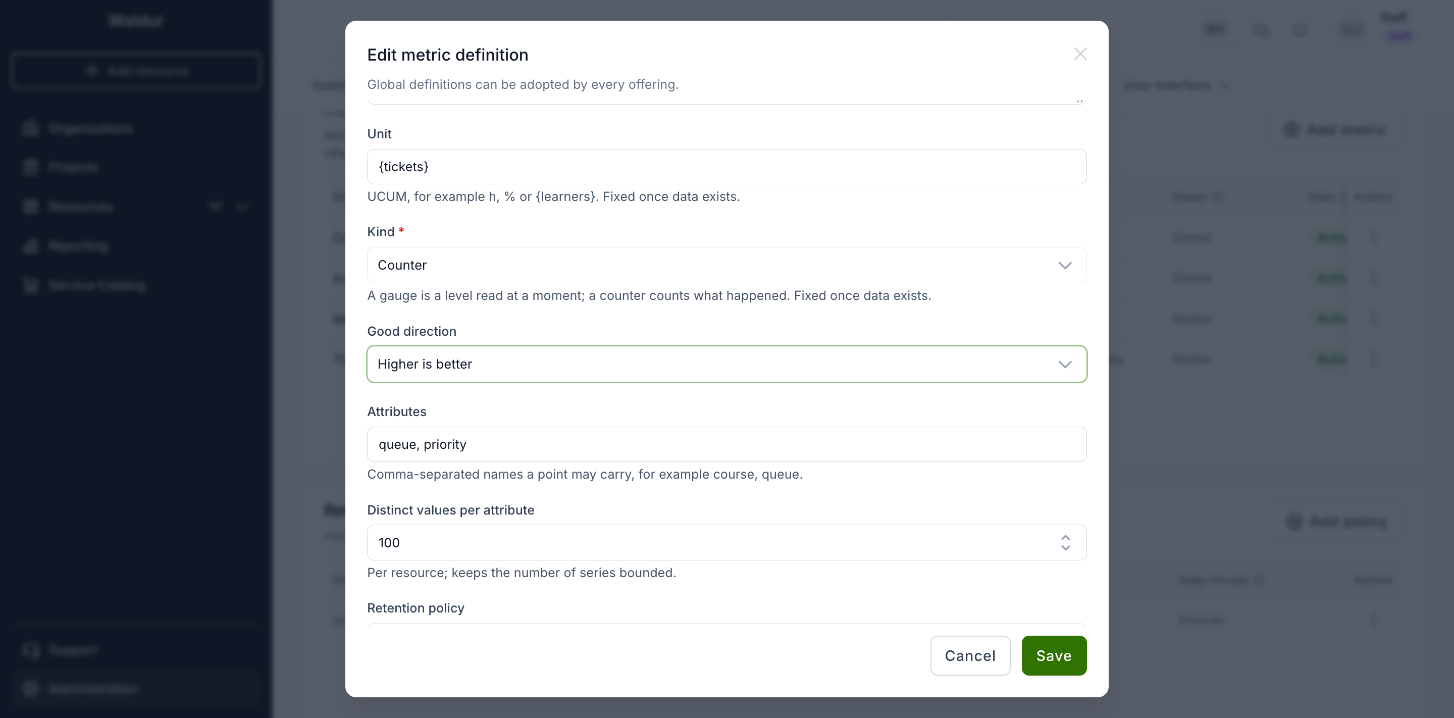 Editing a metric definition