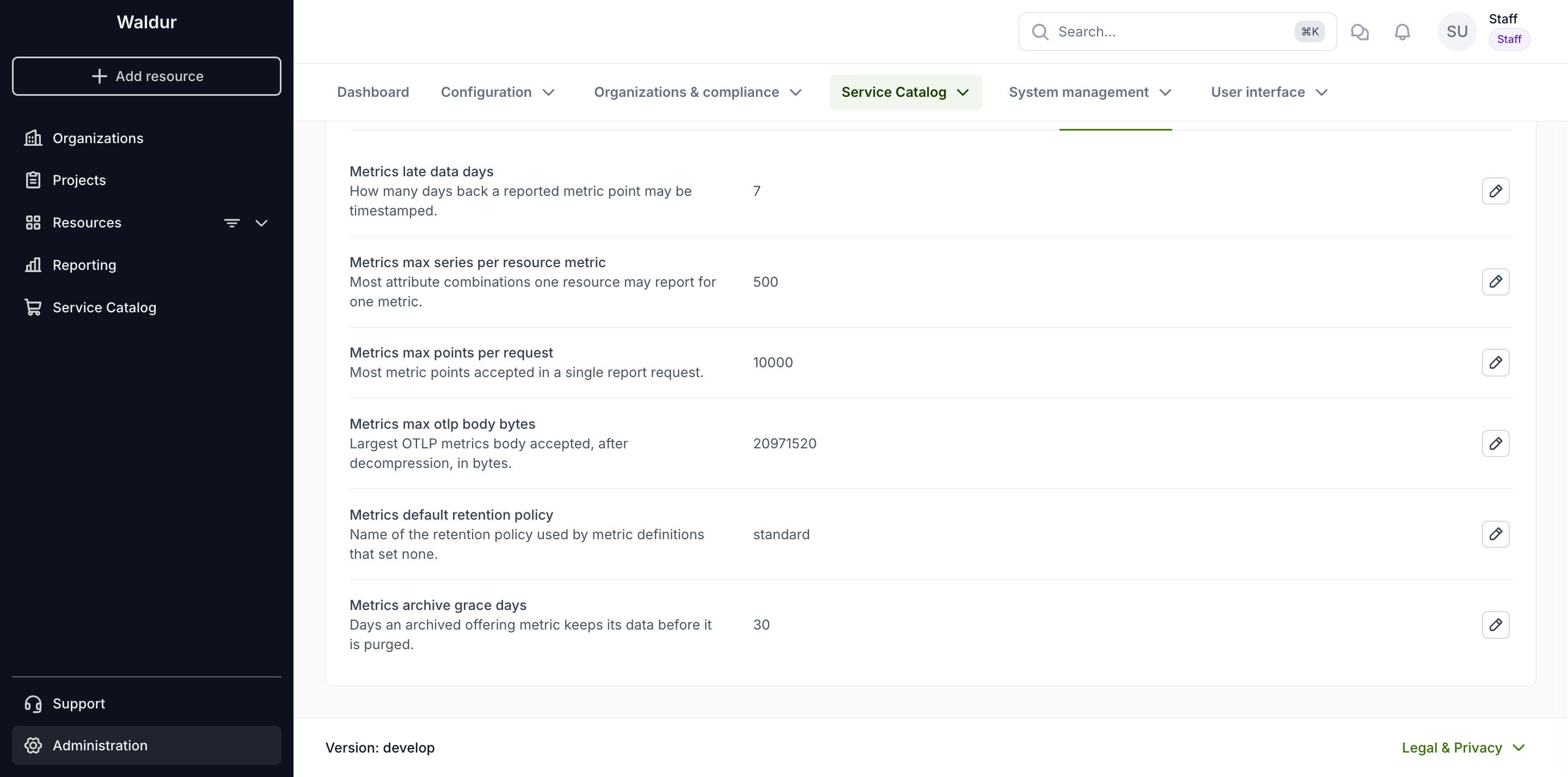 Custom metrics settings
