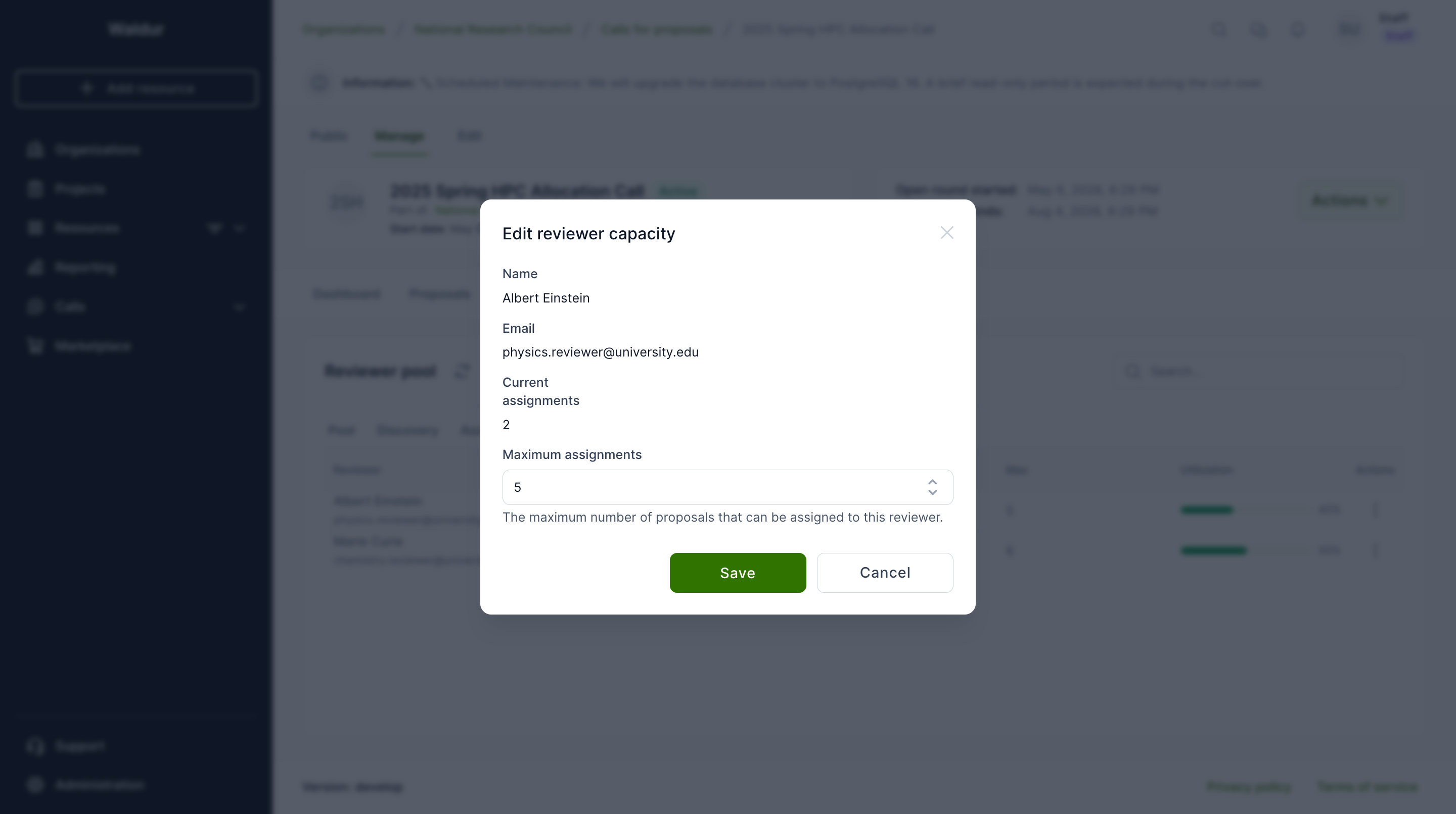 Edit reviewer capacity dialog