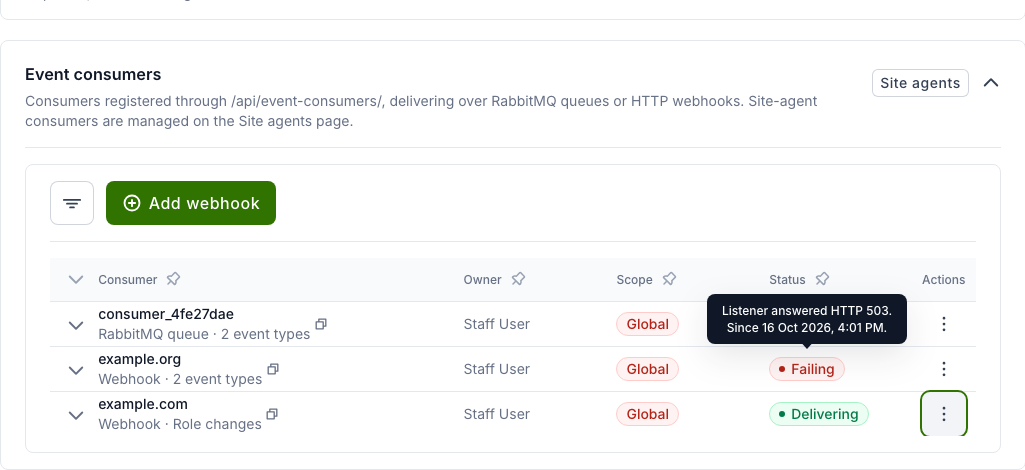 A failing webhook consumer with its last error