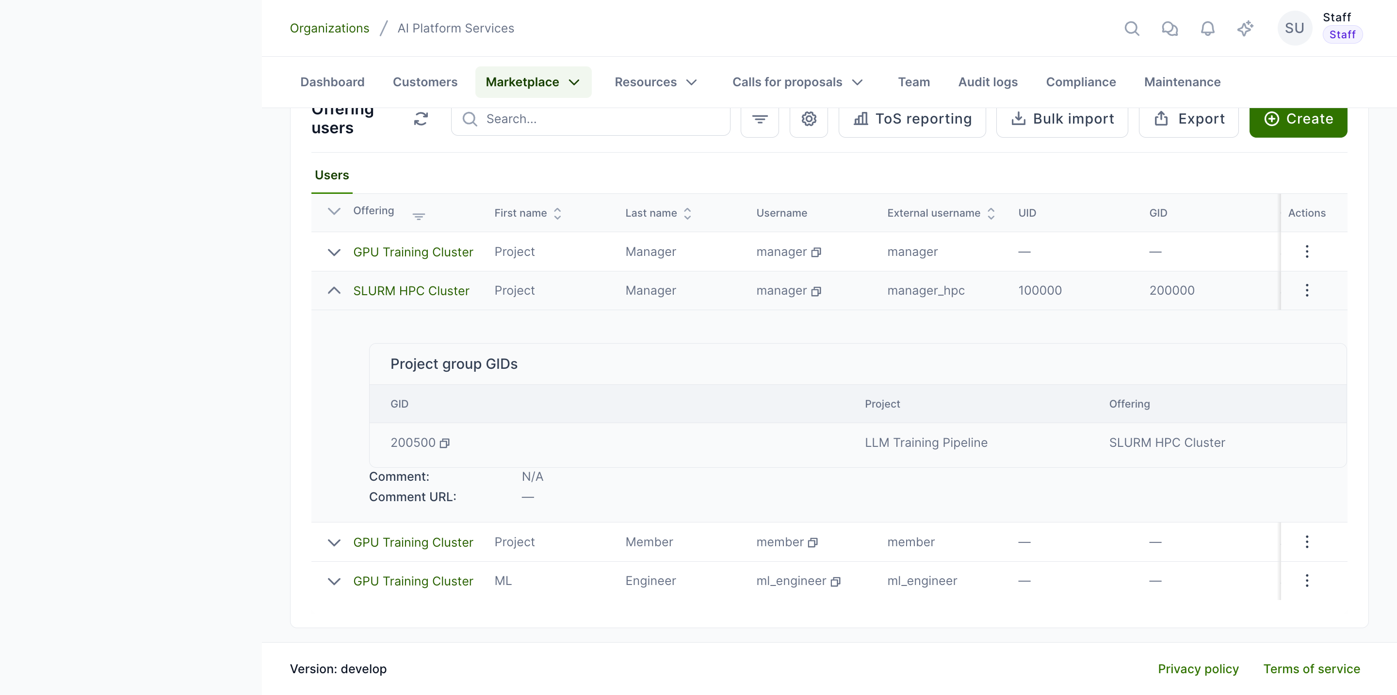 Project group GIDs of an offering user