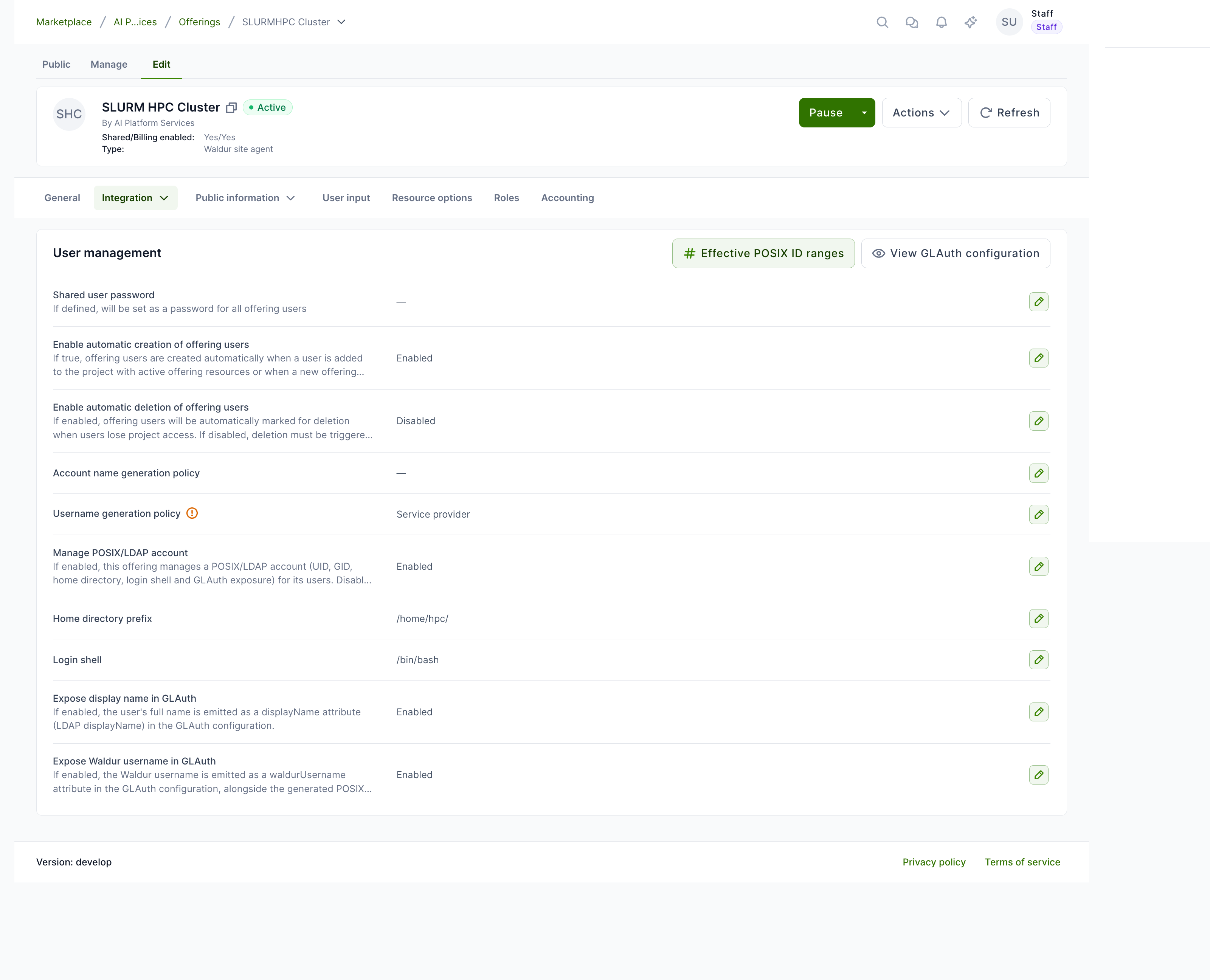 User management settings for a site-agent offering