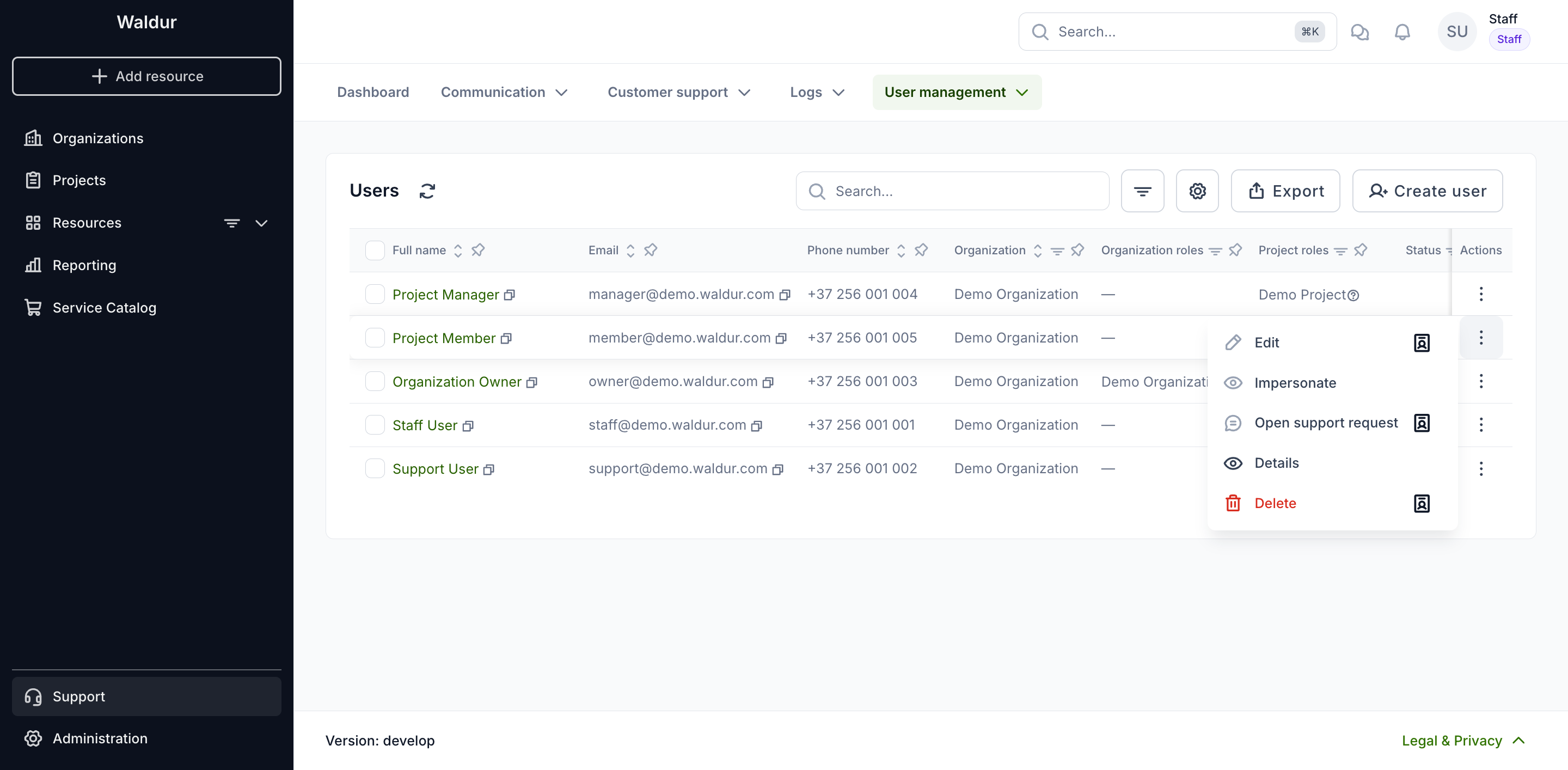 Open support request in a user's row actions
