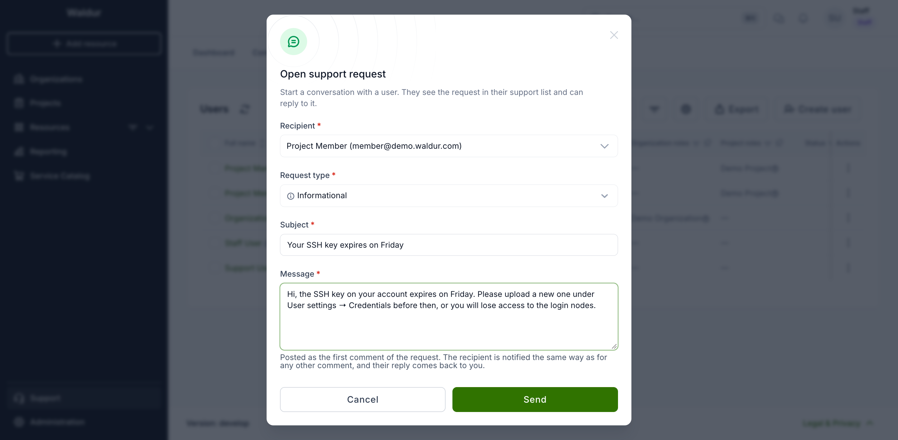 The Open support request dialog