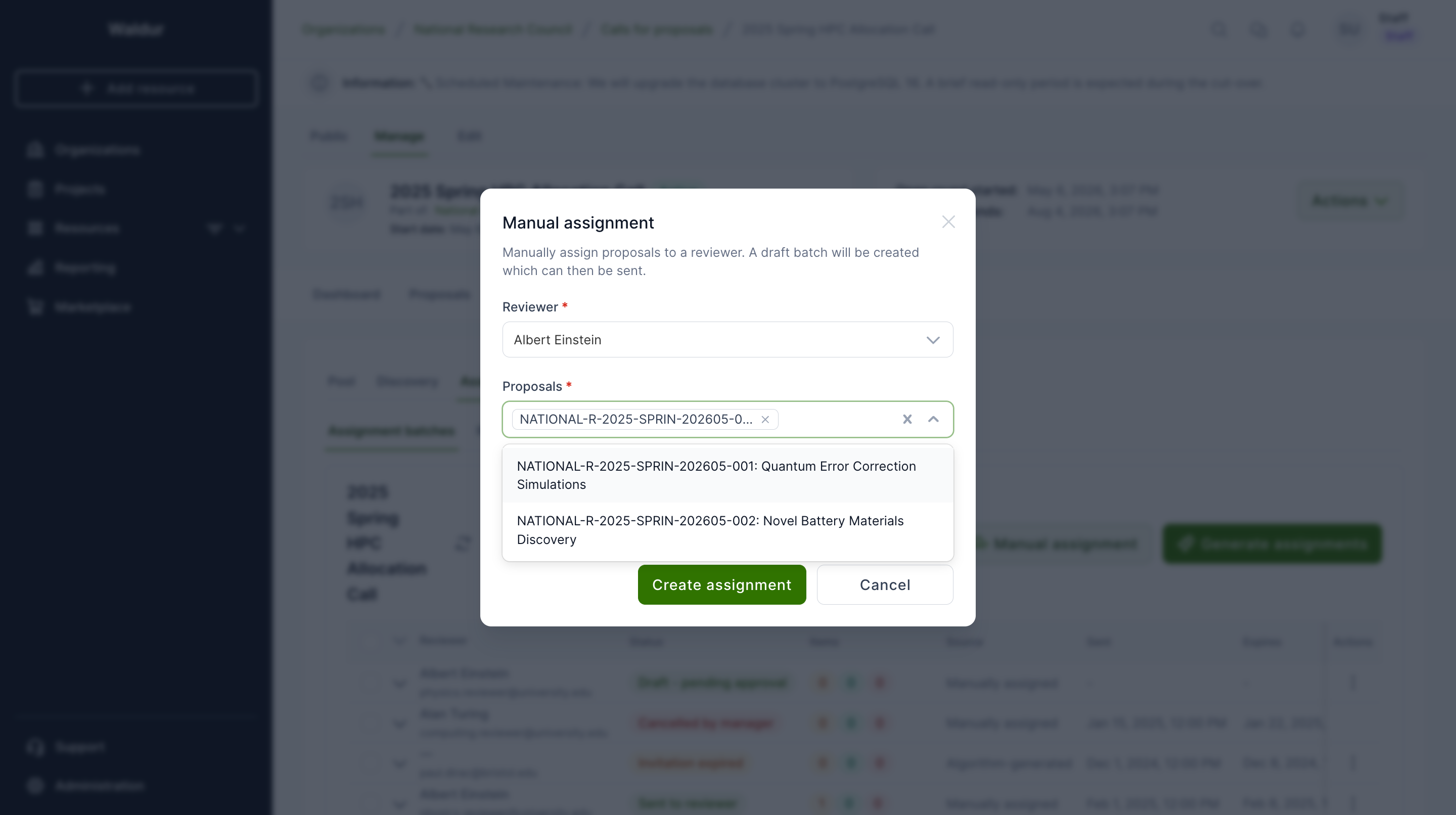 Manual assignment dialog