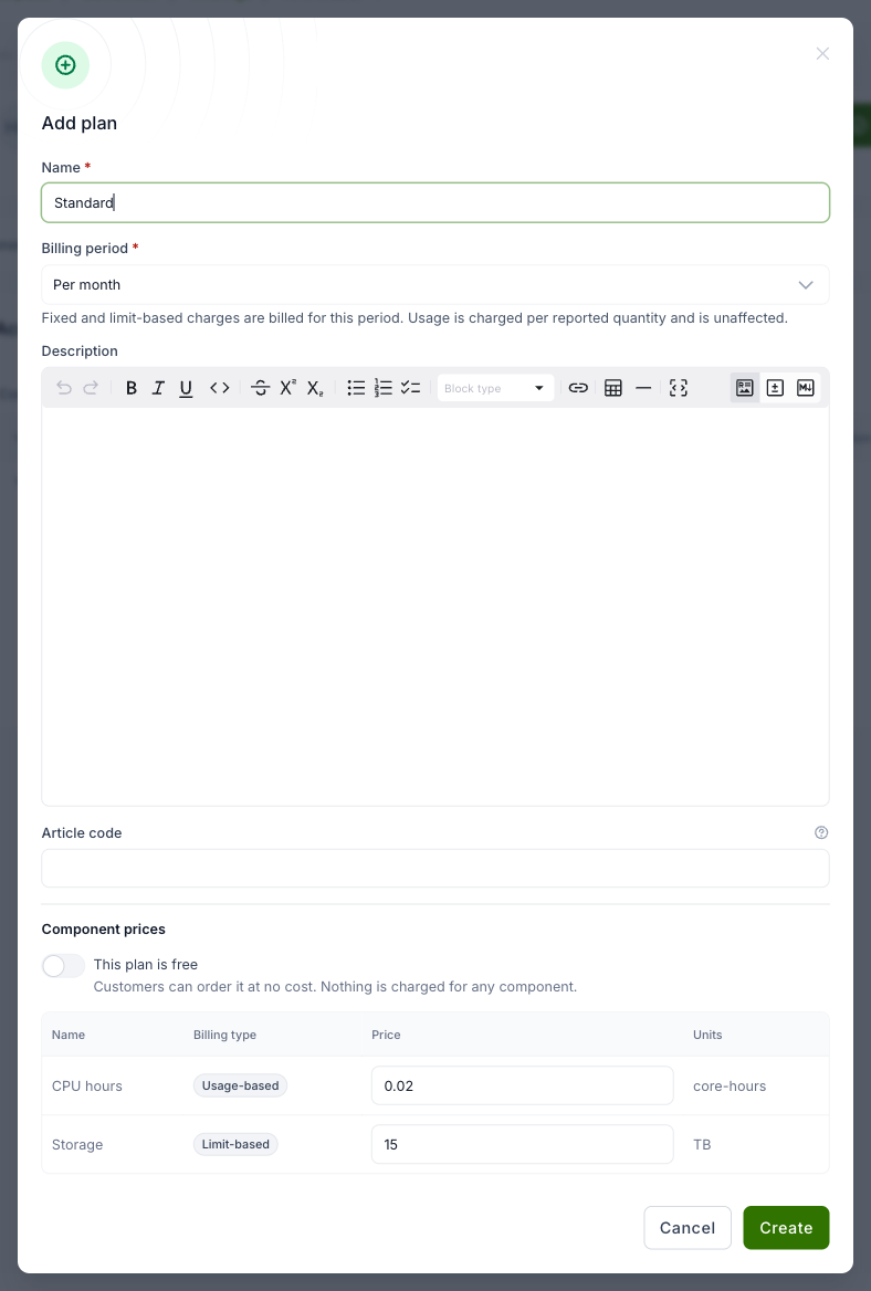 Add plan dialog with component prices