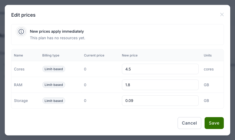 Edit prices dialog of a plan