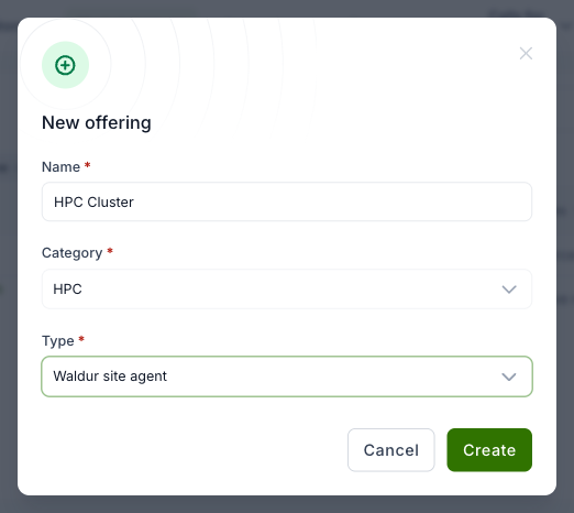 New offering dialog with the Waldur site agent type
