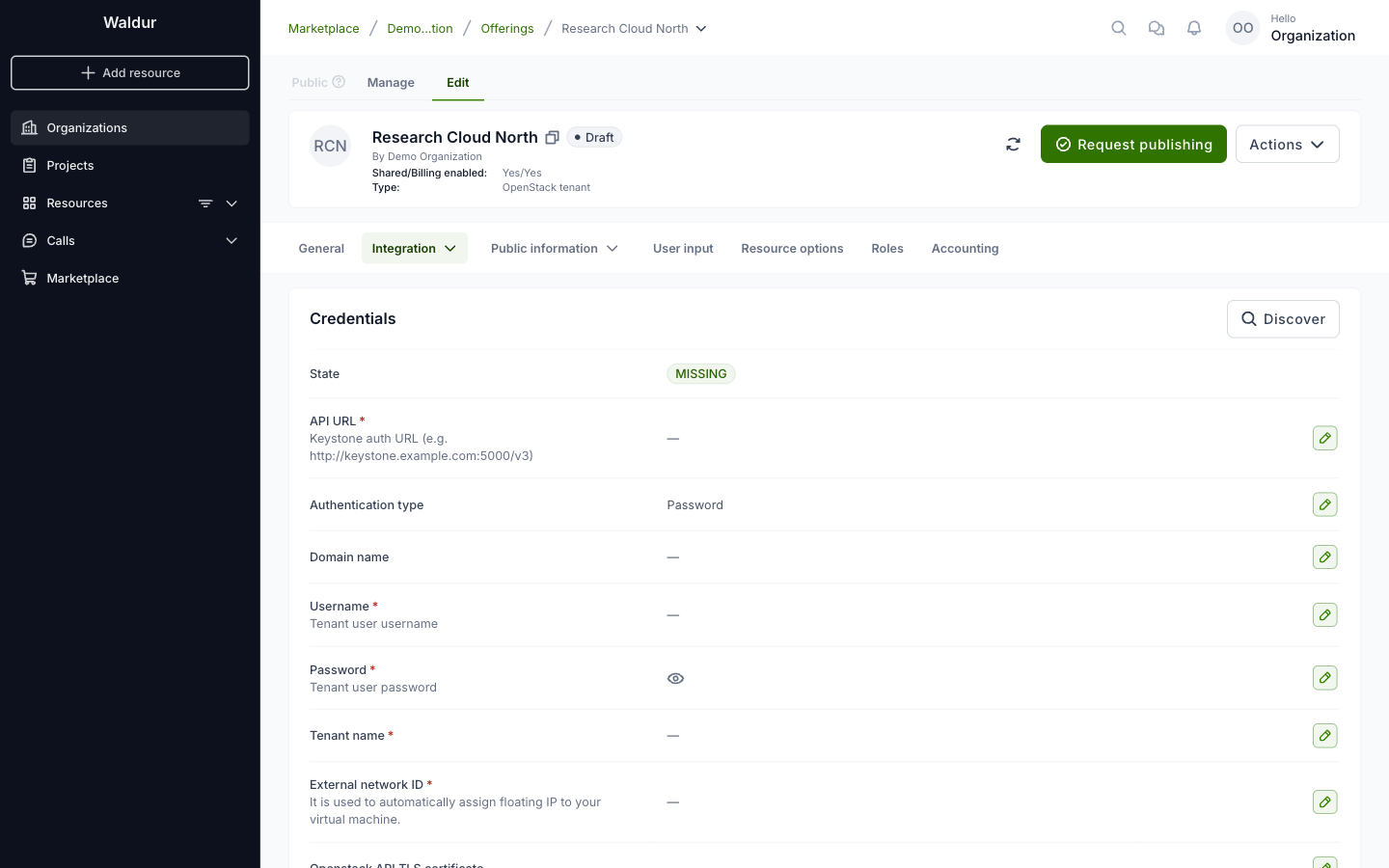 Credentials of an OpenStack offering