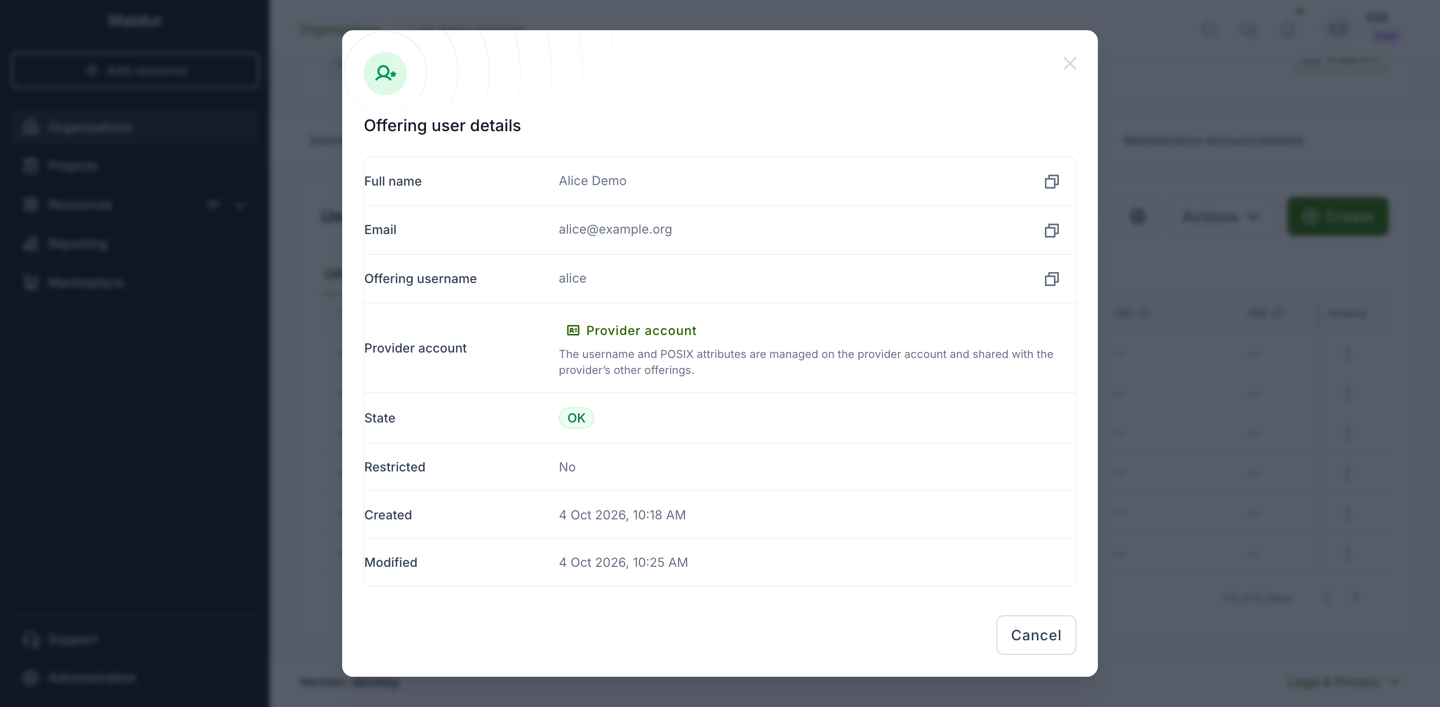 The details of an offering user that reads through a provider account