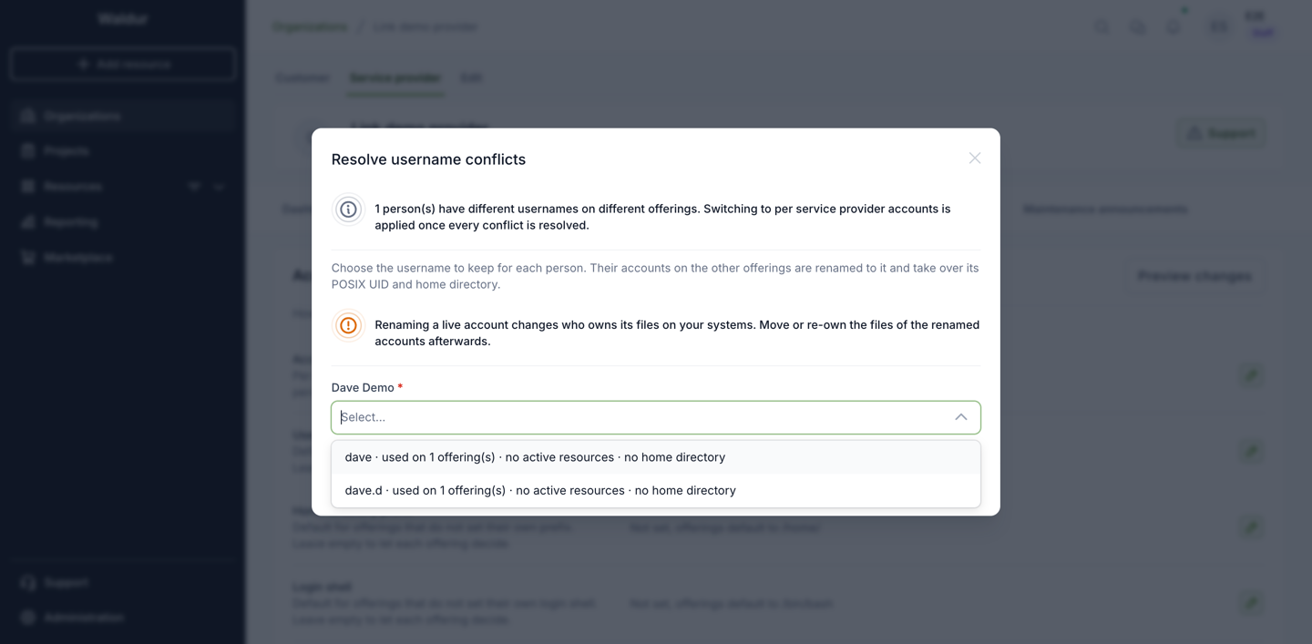 Resolve username conflicts: Dave Demo has two usernames, each used on one offering, with no active resources and no home directory; the switch to per service provider accounts is applied once the conflict is resolved