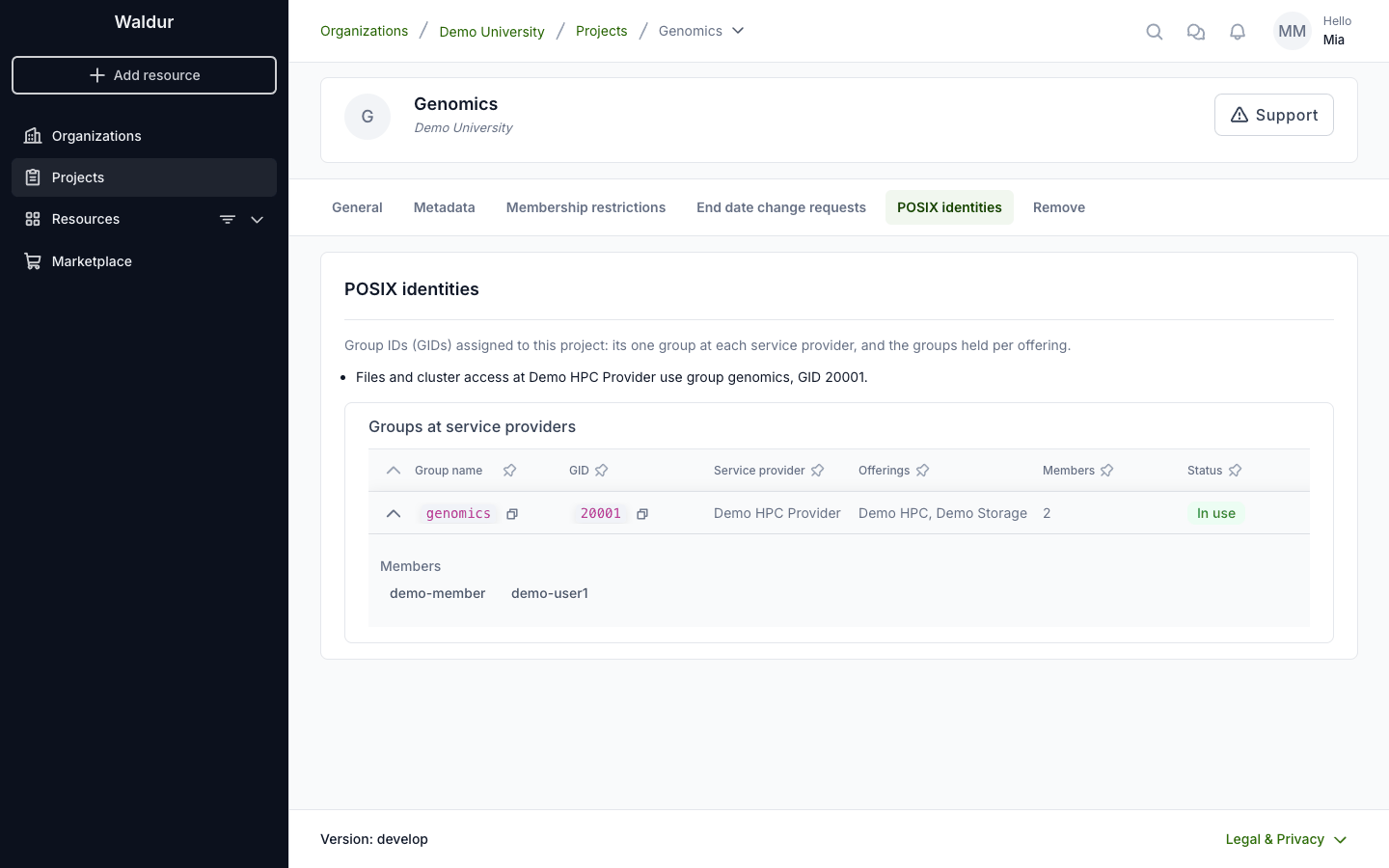 Project groups on the POSIX identities tab