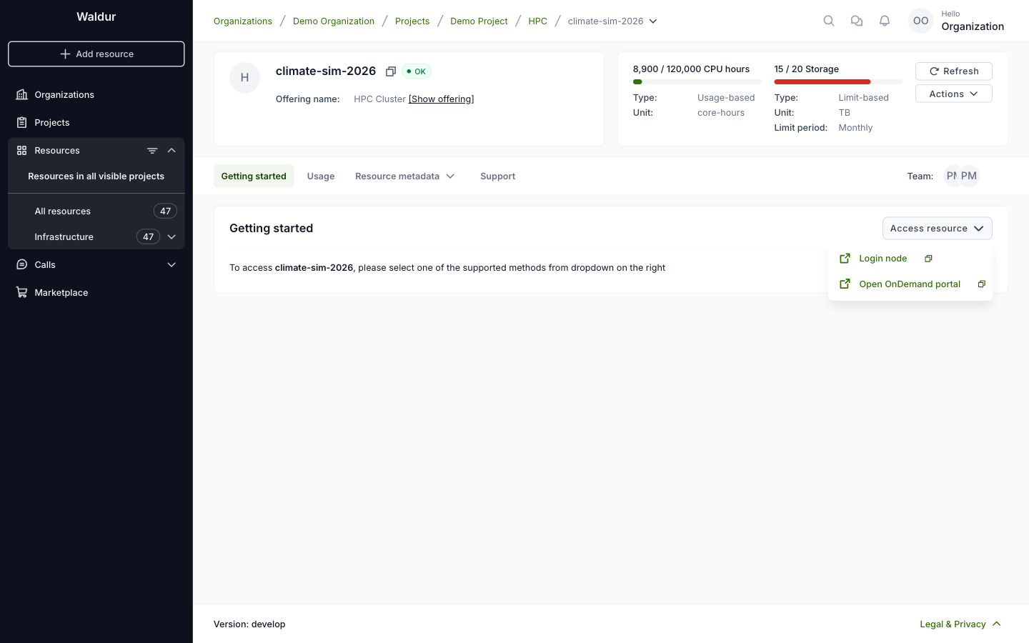 Access resource menu with the offering's endpoints