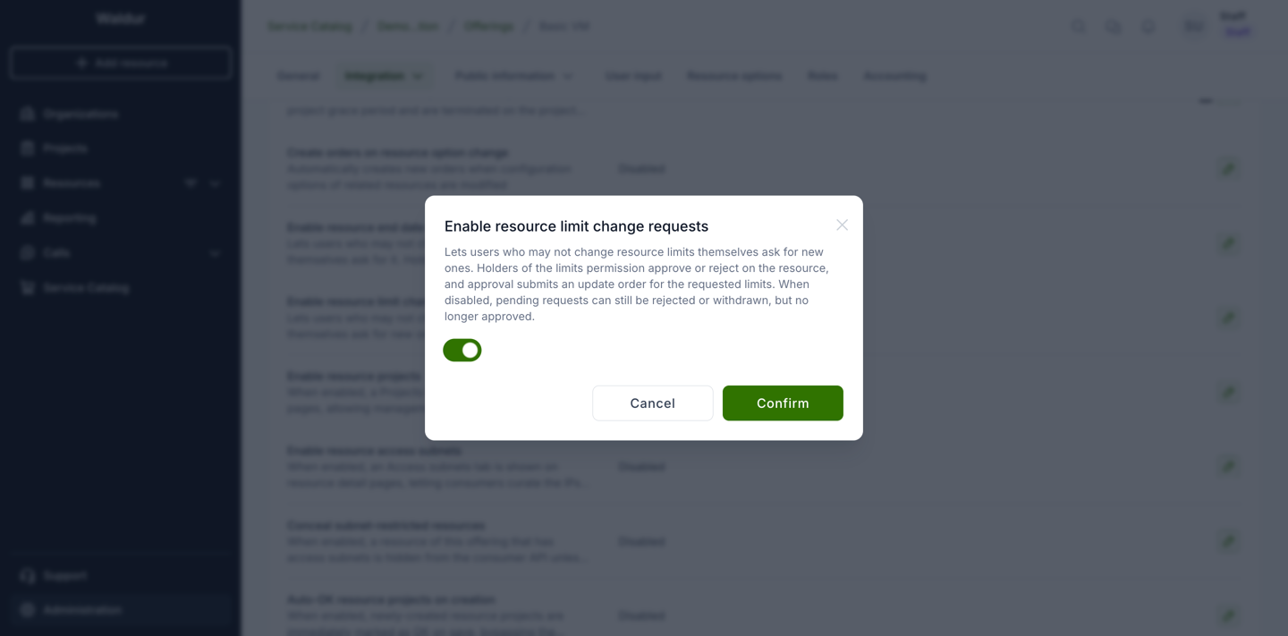 Enabling limit change requests on an offering