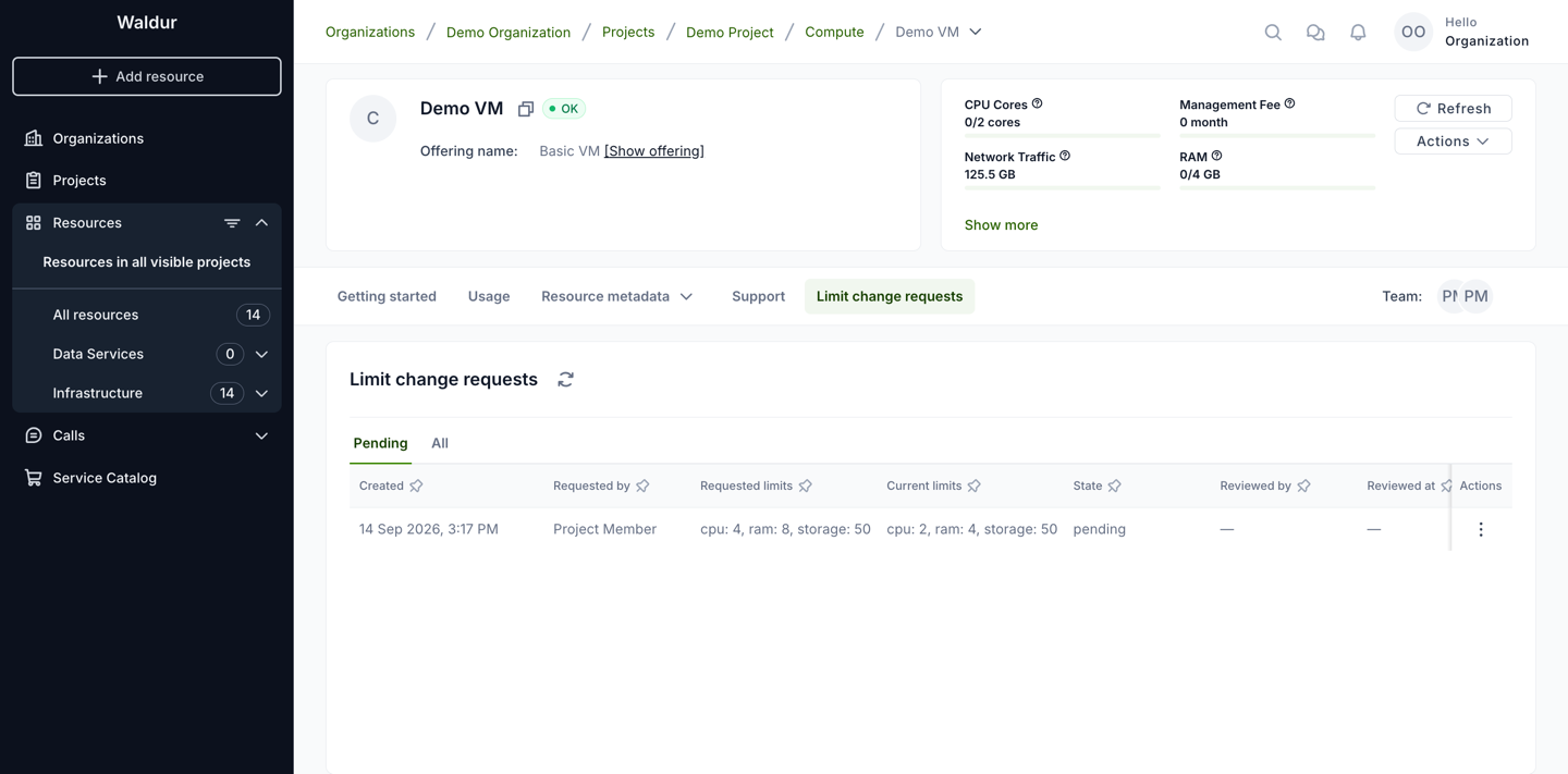 Pending limit change requests