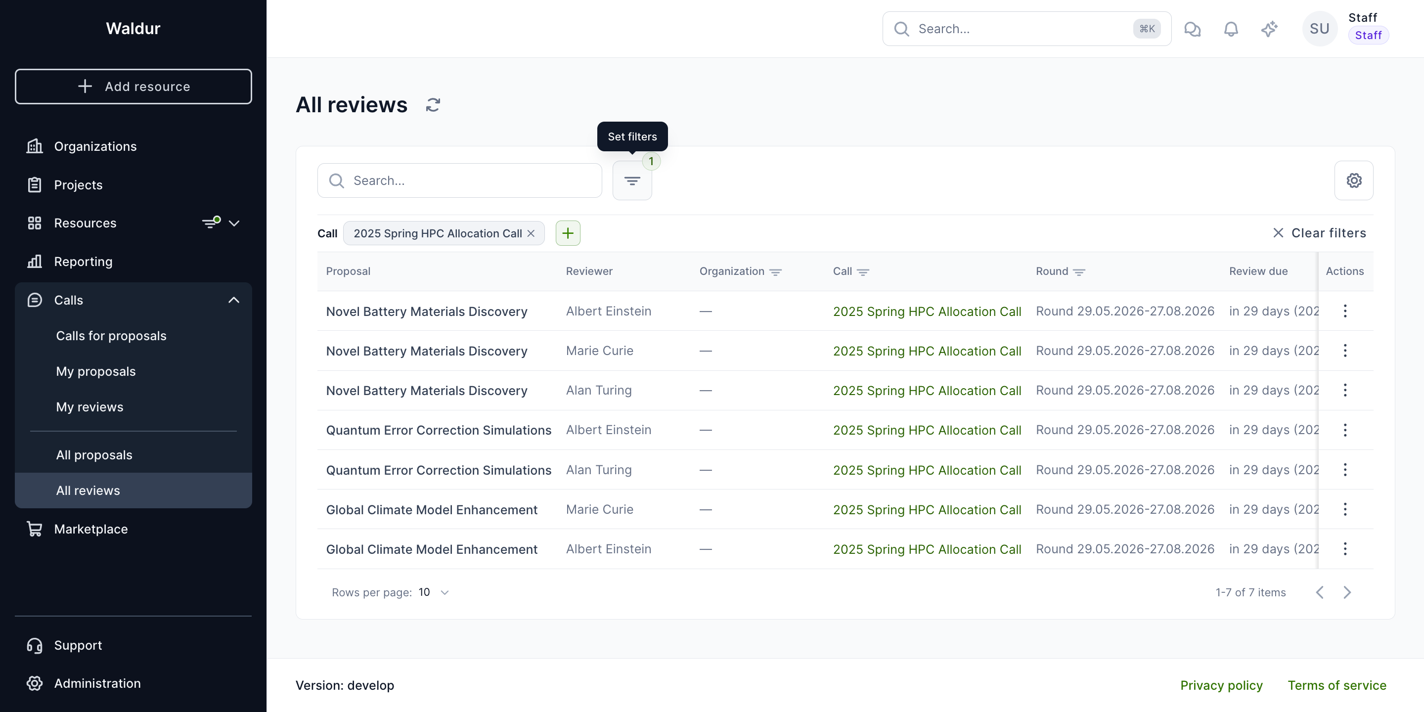 Admin reviews — Spring HPC call
