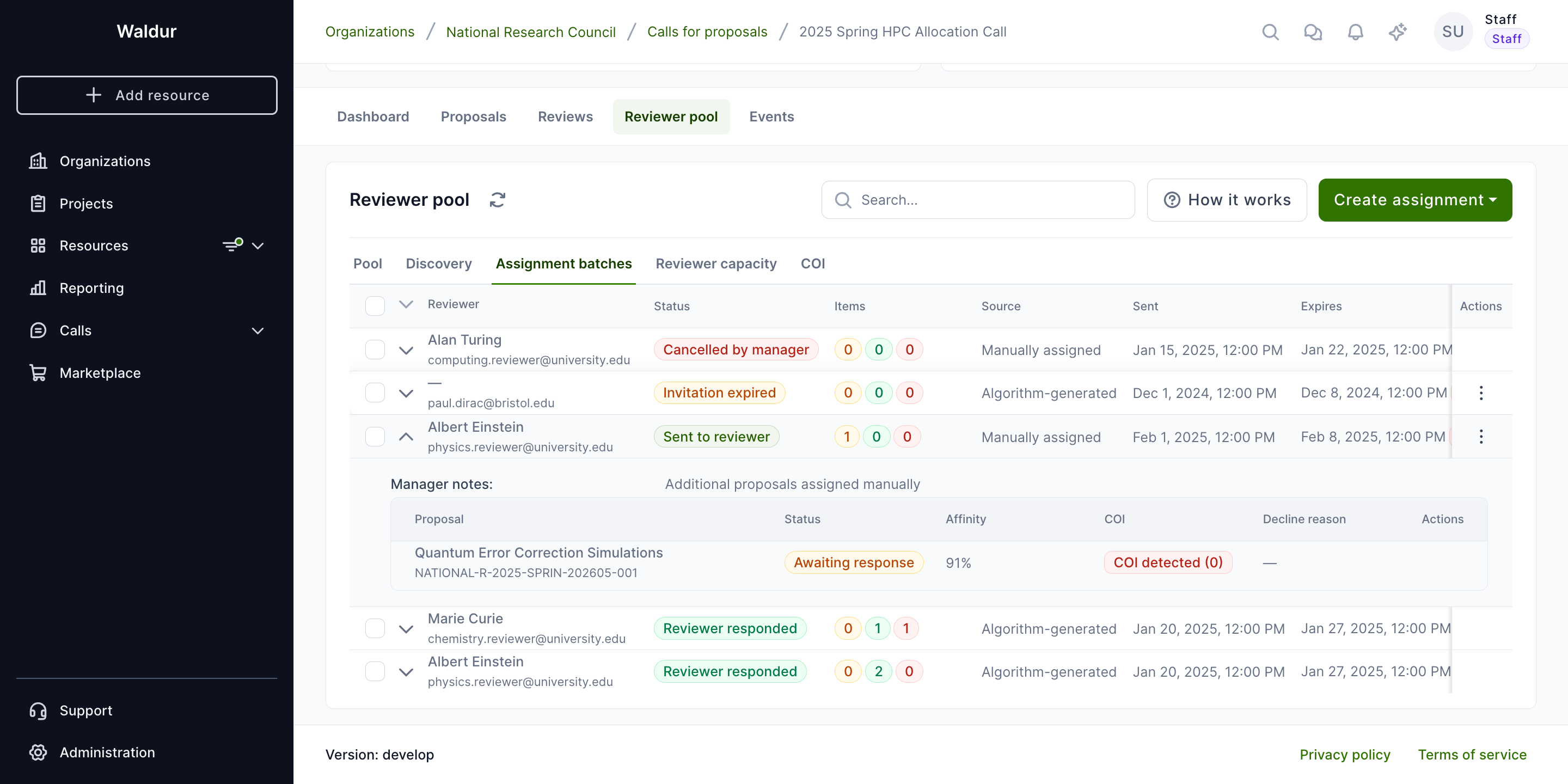 Assignment batches with lifecycle statuses
