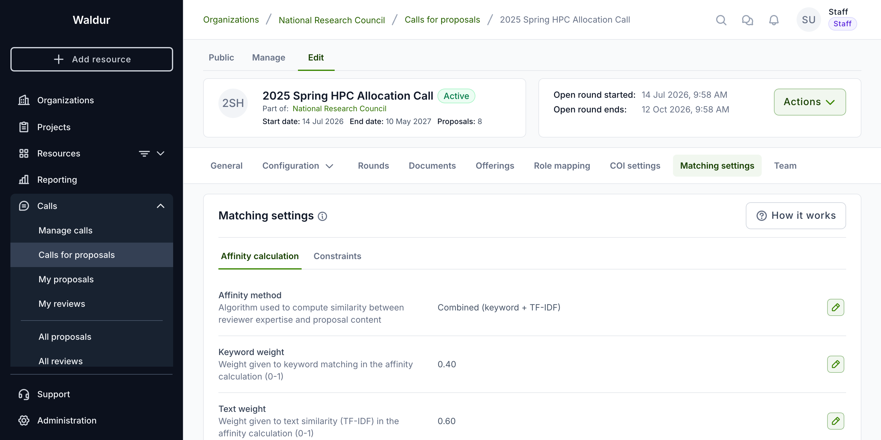 Matching algorithm settings