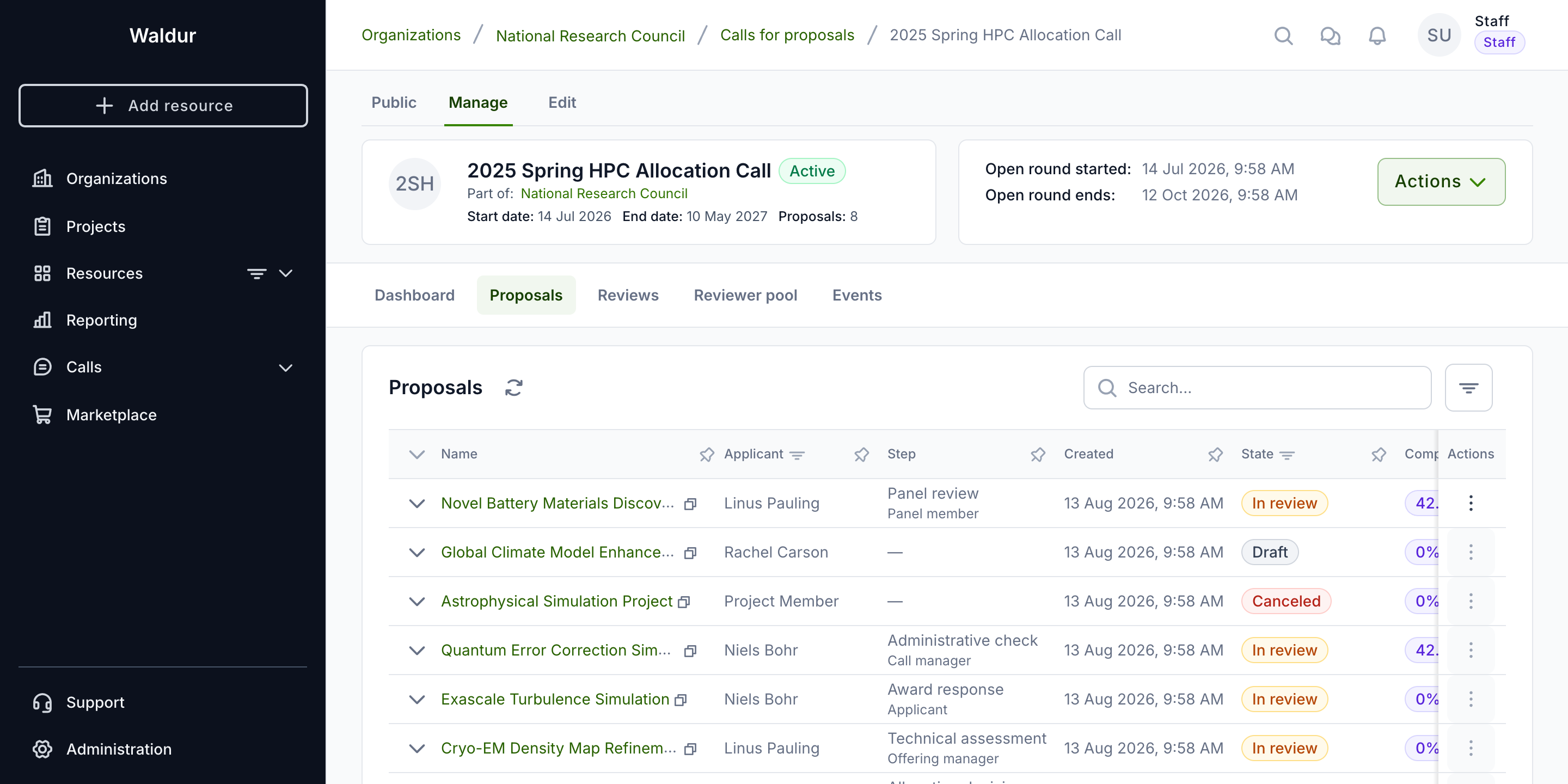 Proposals with mixed states: submitted, in review, accepted, rejected