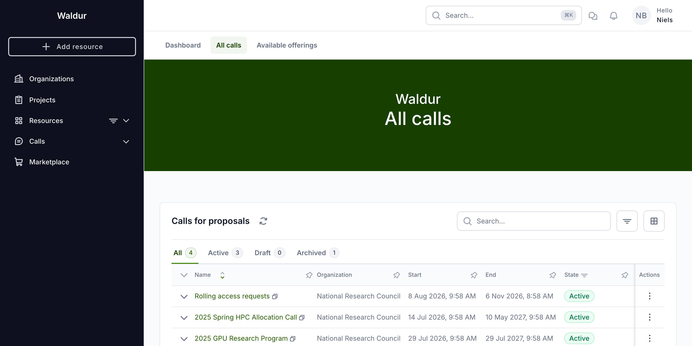 Public calls listing with active calls