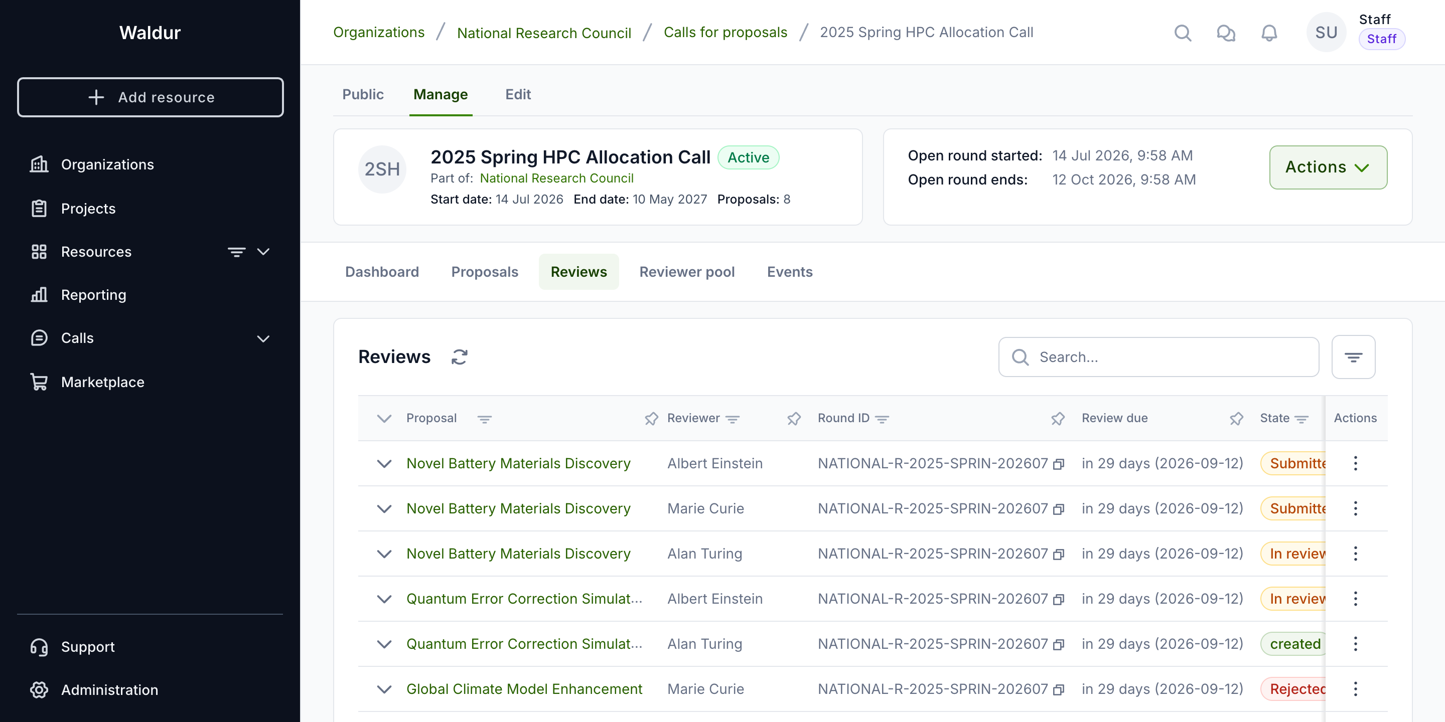 Reviews list with reviewers, rounds and states