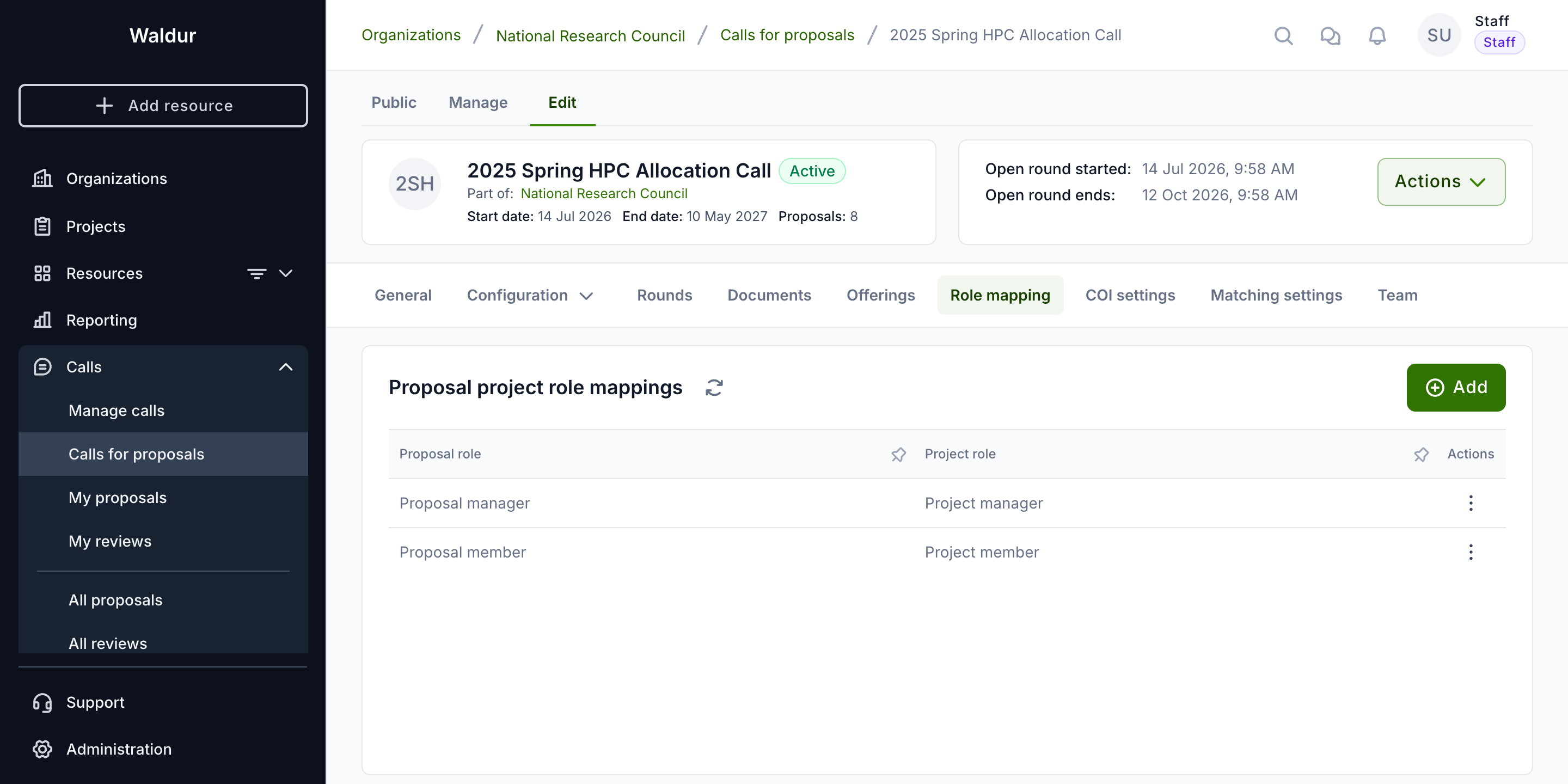 Role mappings: proposal roles to project roles