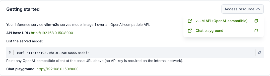 Access resource dropdown for an inference service