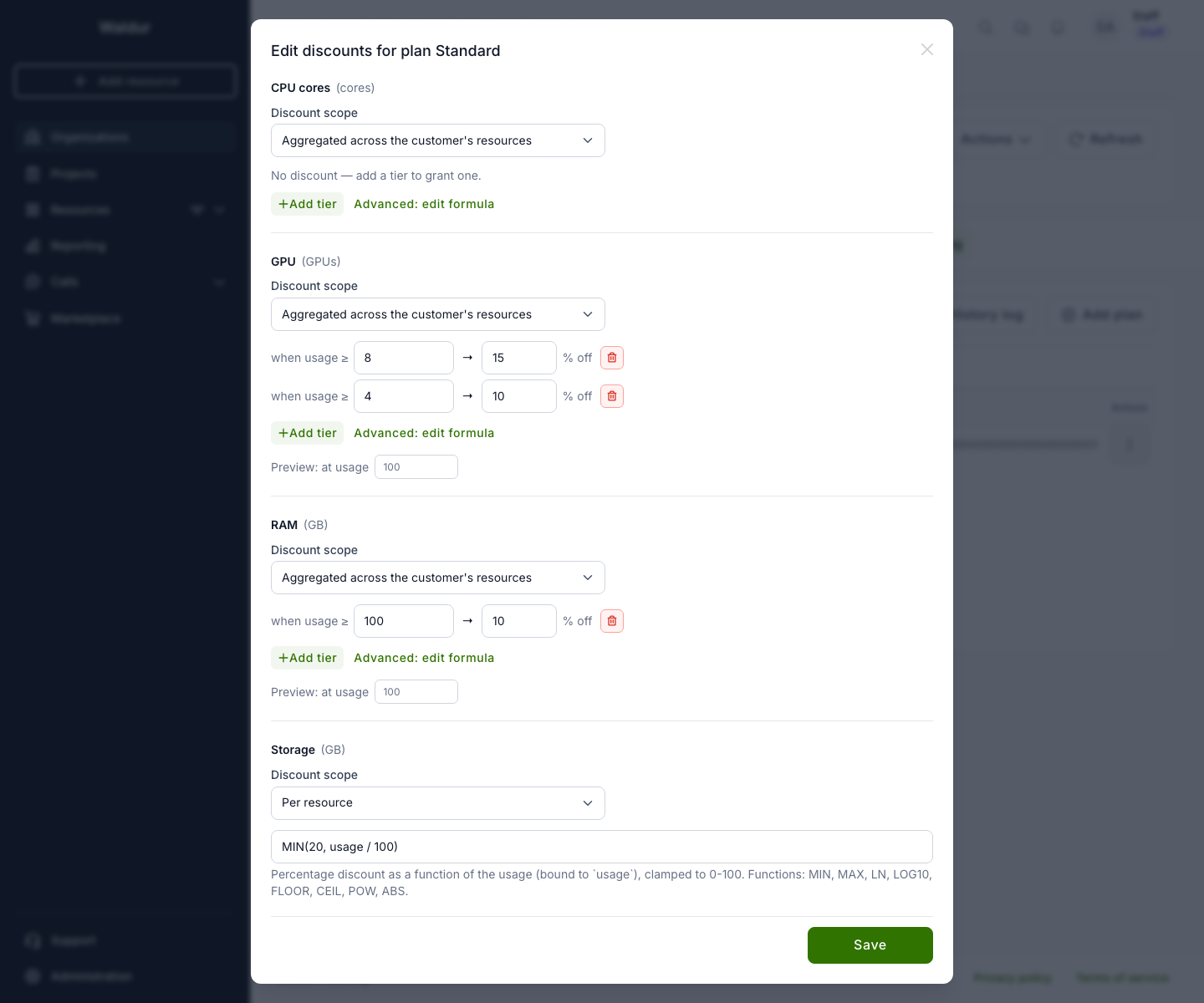 Edit discounts dialog with the tier builder and scope selector